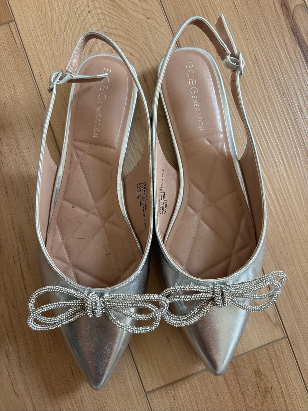 BCBGeneration Silver Pointed Toe Slingback Flats with Beaded Bow